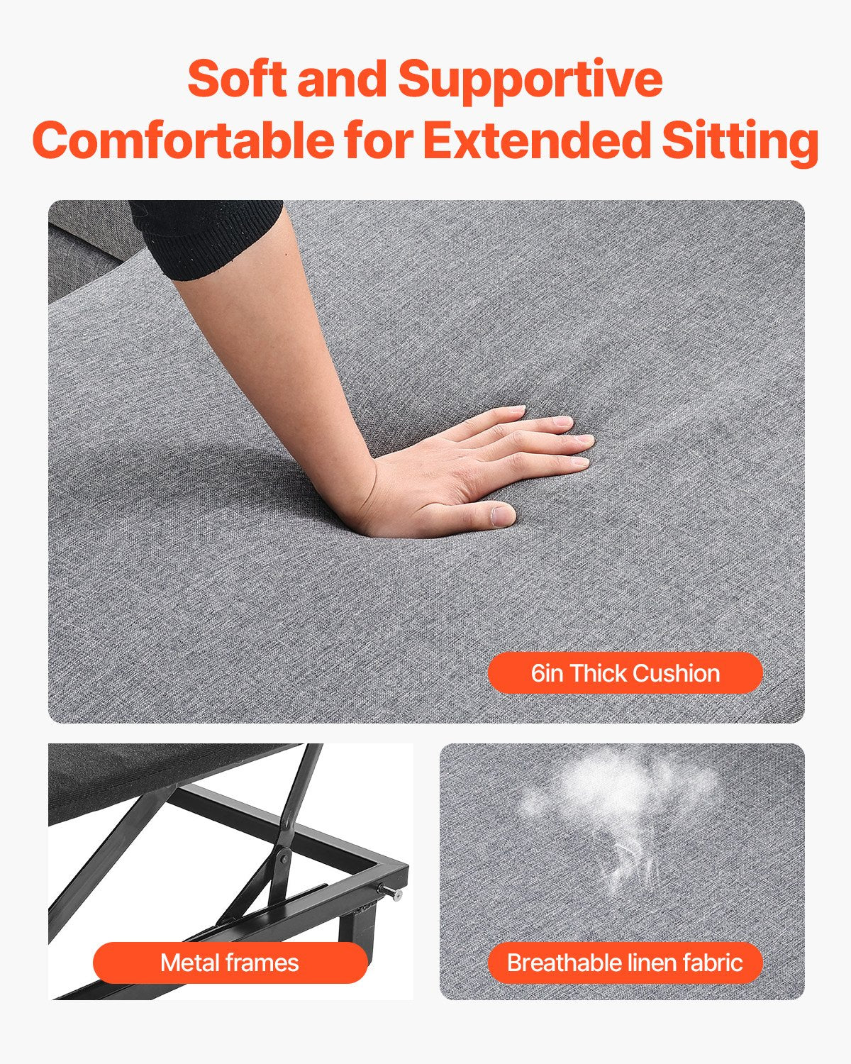 U Shaped Sofa Bed, Convertible Sofa Bed With 2 Side Pockets, 2 Pillows And Double Chaise, 6-Seat Pull Out Sleeper Couch With Large Storage Capacity For Living Room, Apartment, Metal Frame, Gray