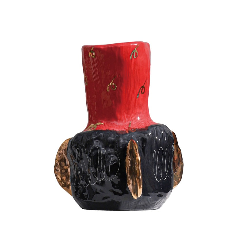 Elegant Black-and-Gold Long-Neck Red Vase For Artistic Decor