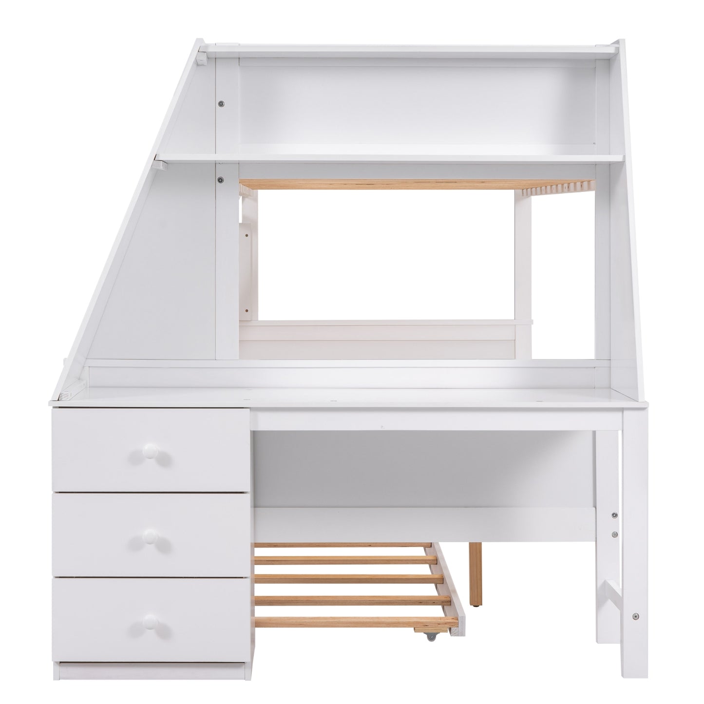 Twin Full Bunk Bed W Trundle, Desk, 3 Drawers Shelf - White