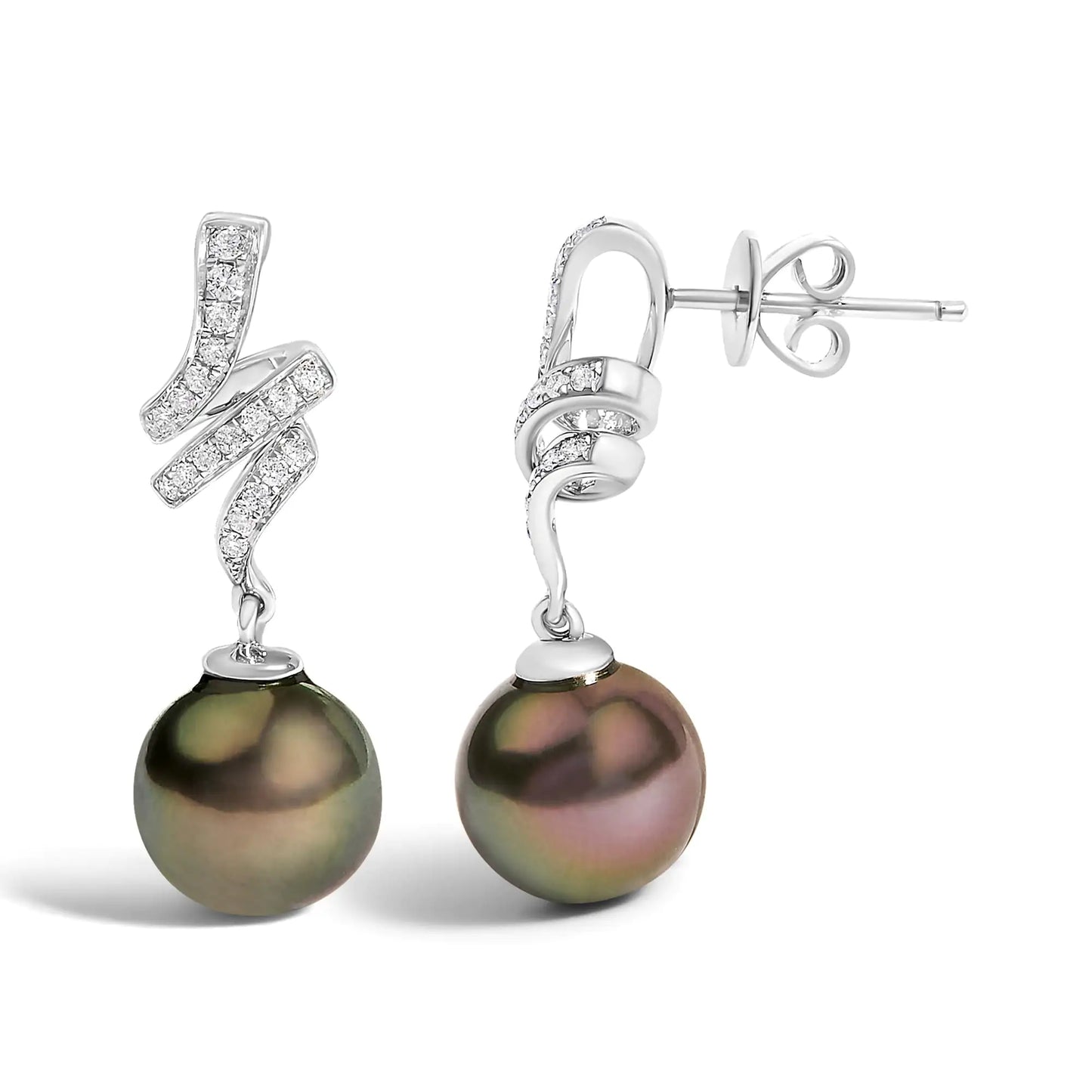 14K White Gold 9MM Cultured Black Pearl and Diamond Accent Drop and Dangle Earrings (I-J Color, SI1-SI2 Clarity)