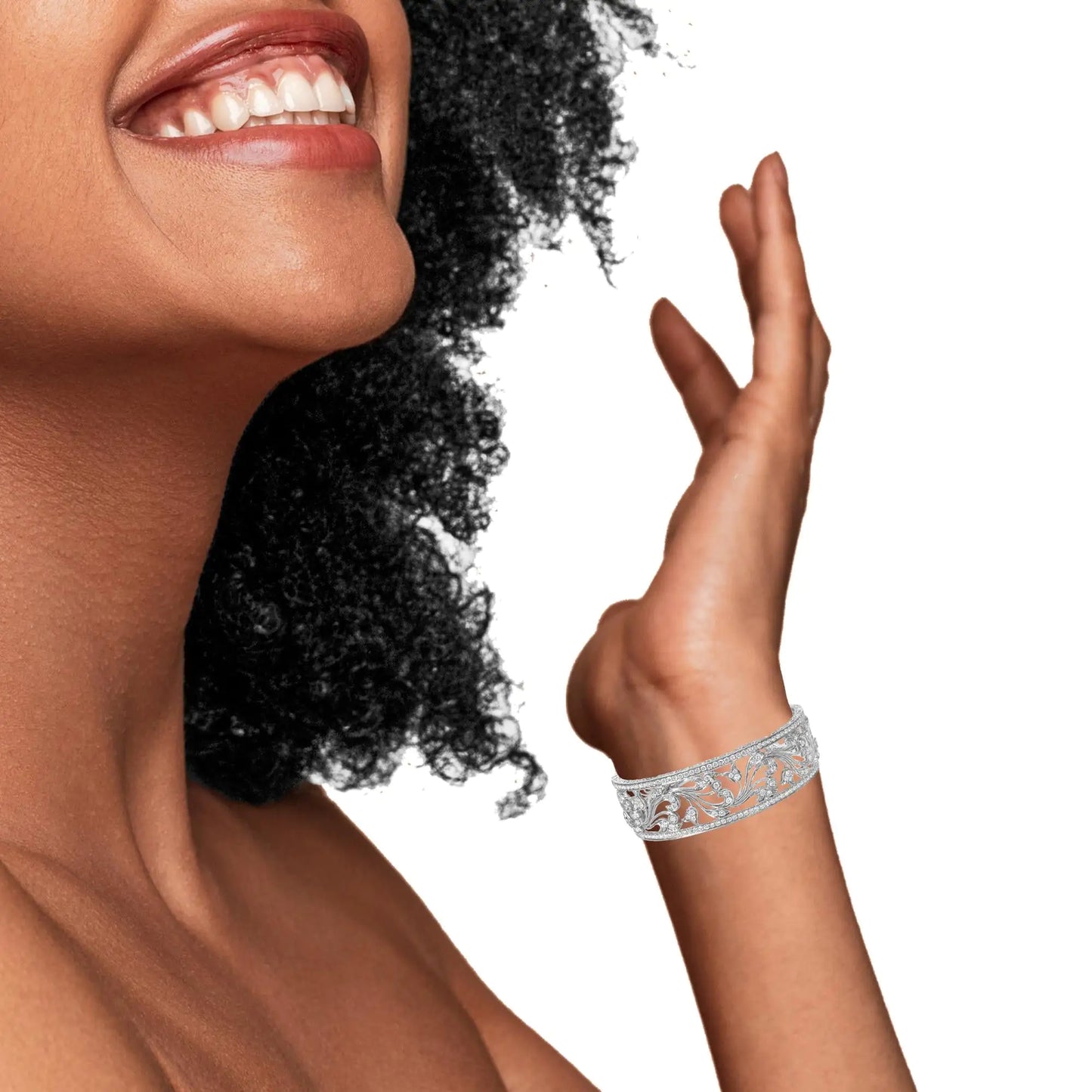 18K White Gold 3 1/4 Cttw Pave Diamond Openwork Floral Filigree Swirl Bangle Cuff Bracelet