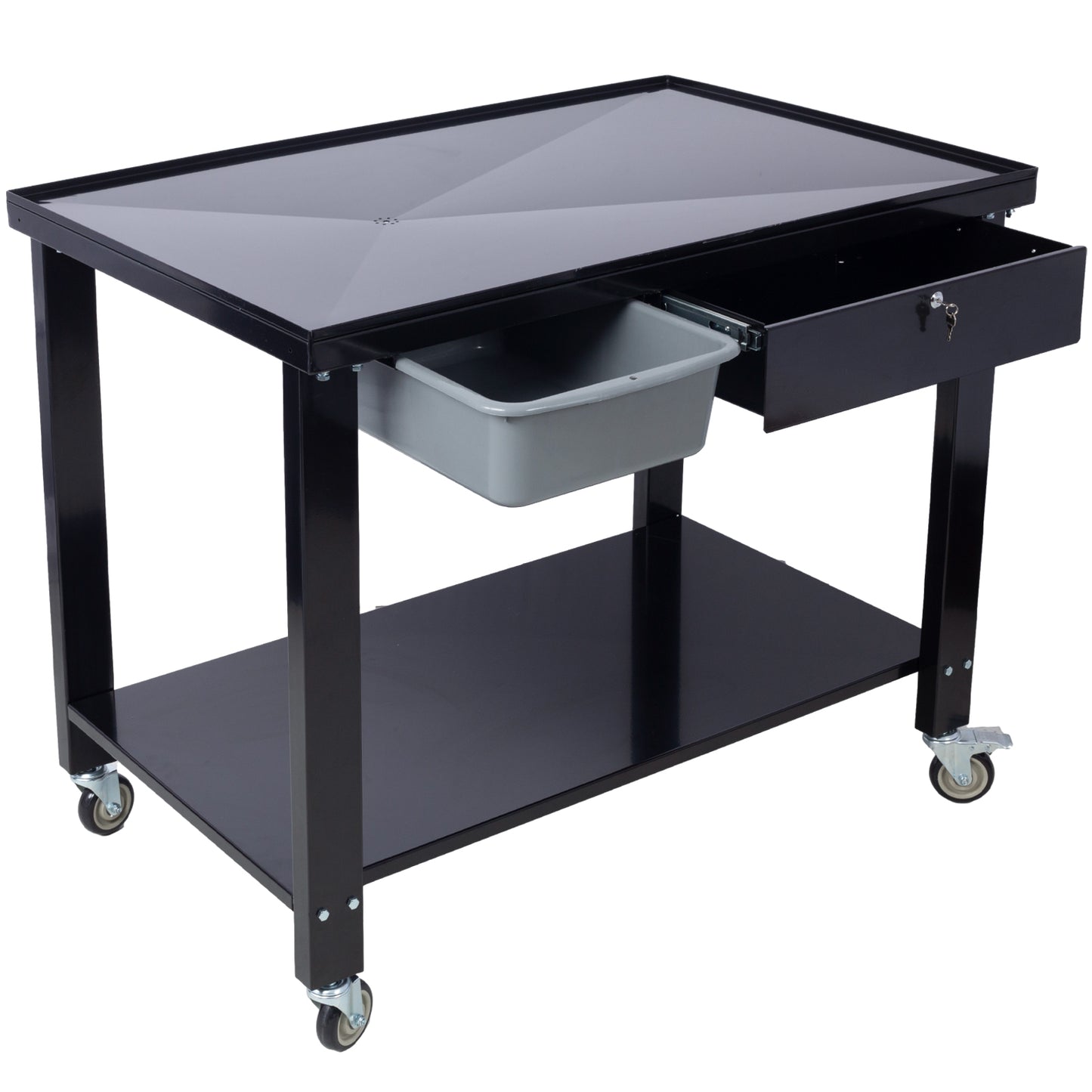 Transmission Teardown Work Station 1 2 Ton Capacity Sloping Drain Table Locking Drawer Removable Drain Basin Full-Width Lower Shelf Four 4-Inch Caster Wheels Black