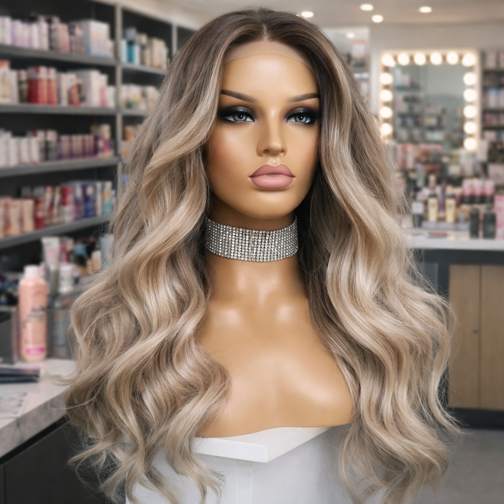 100% Human Hair Ombre Ash Grey Body Wave Lace Front Wig