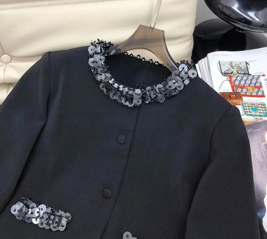 2024 spring Women sequins beading wool blended skirt set o-neck short