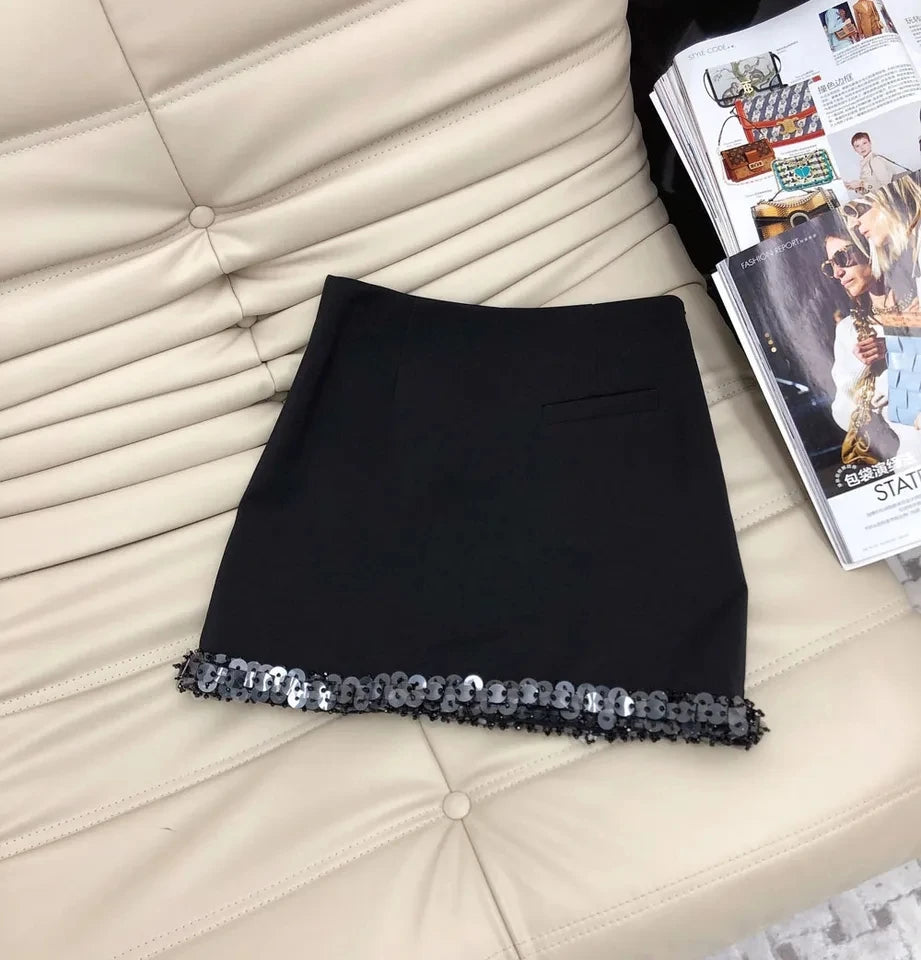 2024 spring Women sequins beading wool blended skirt set o-neck short