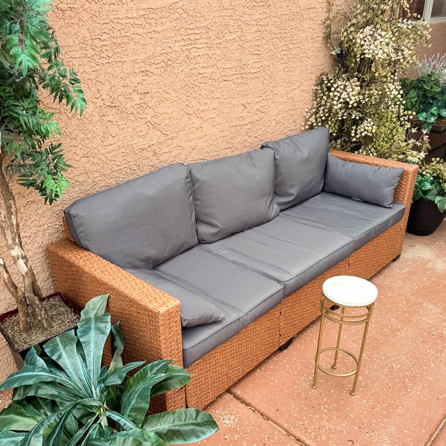 Patio Couch PE Wicker Deep Seating Outdoor Sofa with Removable Cushions, 3 Seater Rattan Sofa, Outdoor Furniture for Balcony, Deck, Garden and Poolside, Sand