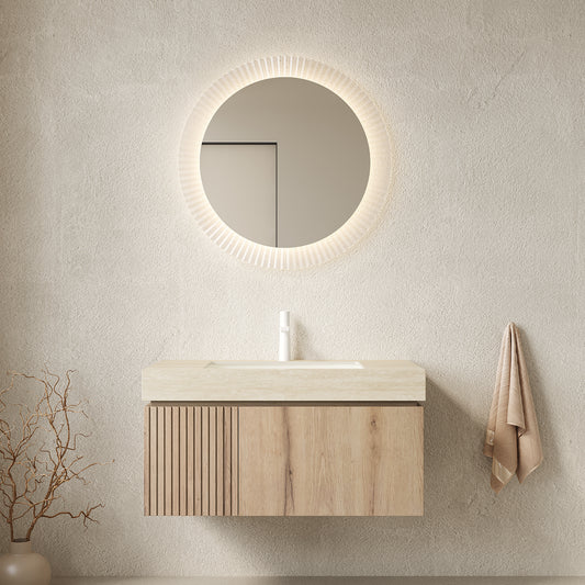 MURI 36 Bathroom Vanity&Sink, Floating Plywood Storage Cabinet With Drawer&Door, Roma Travertine Sintered Stone Top&Ceramic Basin With 1 Pre-drilled Faucet Hole, Pre-assembled, White Oak Woodgrain