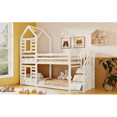 Bunk Bed Storage Children Cabin Bed Single Bed With Window For Kids, Twin Sleeper 190x90 Cm, Solid Pine Wood,3FT -White