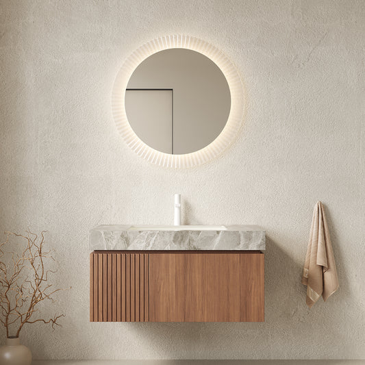 MURI 36  Bathroom Vanity&Sink, Floating Plywood Storage Cabinet With Drawer&Door, Light Gray Sintered Stone Top&Ceramic Basin With 1 Pre-drilled Faucet Hole, Pre-assembled, Brown Oak Woodgrain Color