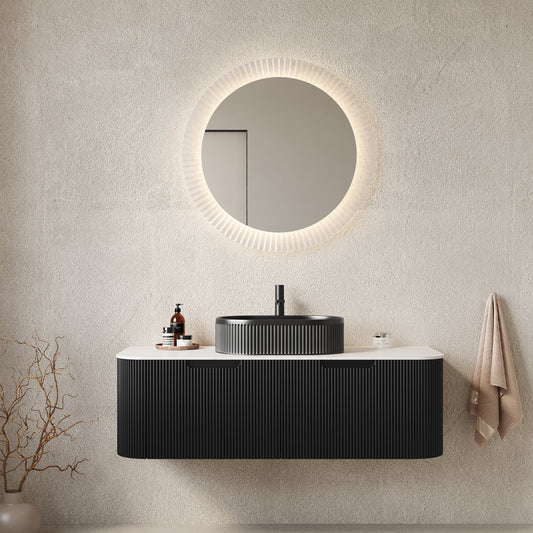DINA 48  Bathroom Vanity With Sink, Modern Wall-Mounted Floating Curved Edges Striped Bathroom Storage Cabinet With 2 Drawers, Black Ceramic Vessel Basin Without Faucet, Pre-assembled, Black Color