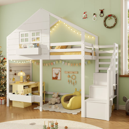 Bunk Bed, Loft Bed, Children's Bed 90x190cm With Fall Protection And Storage Stairs, Youth Bed, With Window, Solid Wood, White