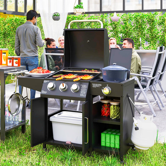 3 Burner Propane Gas Grill With Side Burner Barbecue Grill With Shelves, 9.5 KW Output, 310 Sq. In. Cooking Area