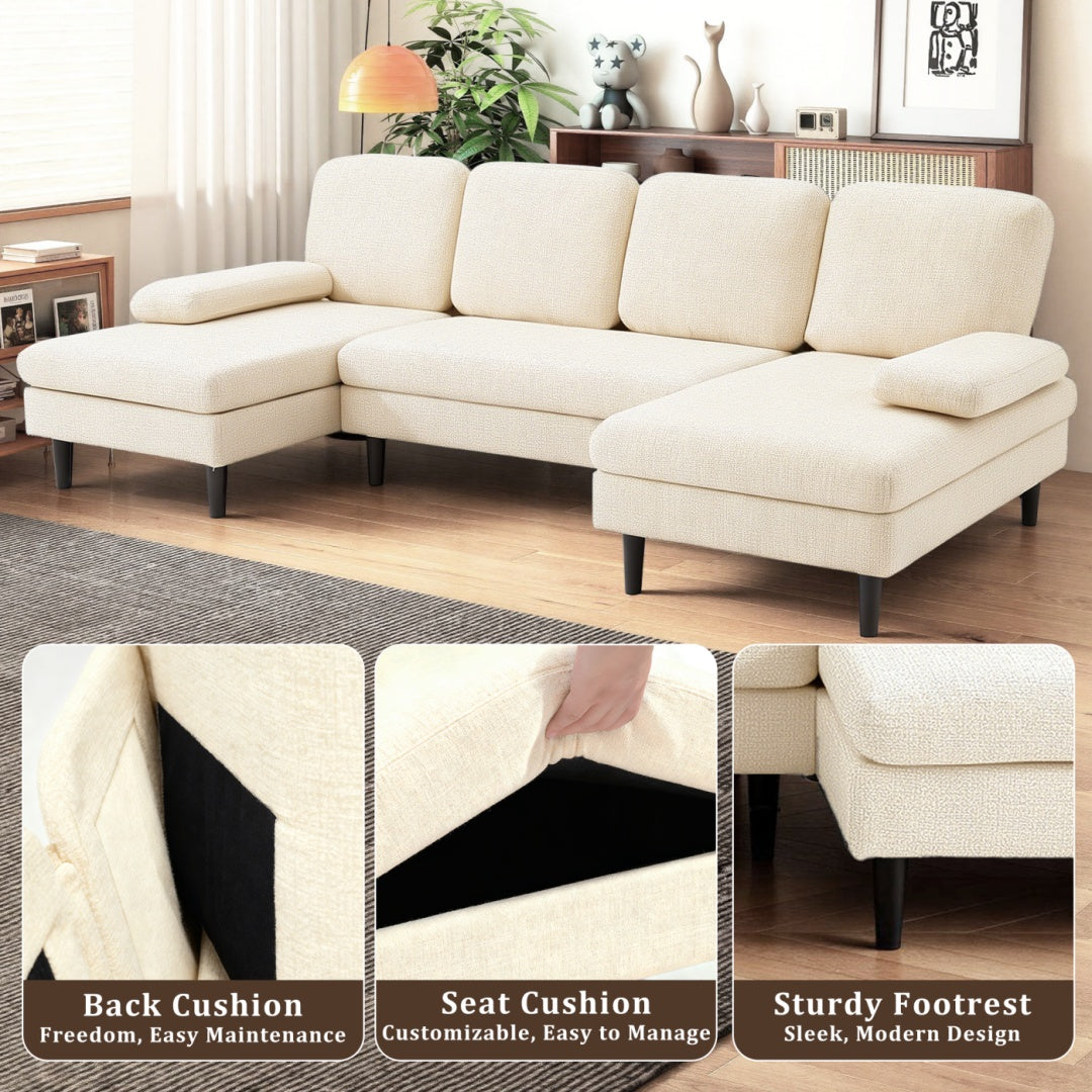 U-shaped Combination Sofa, Double Lounge Chair, Chenille Fabric 4-seat Living Room Furniture