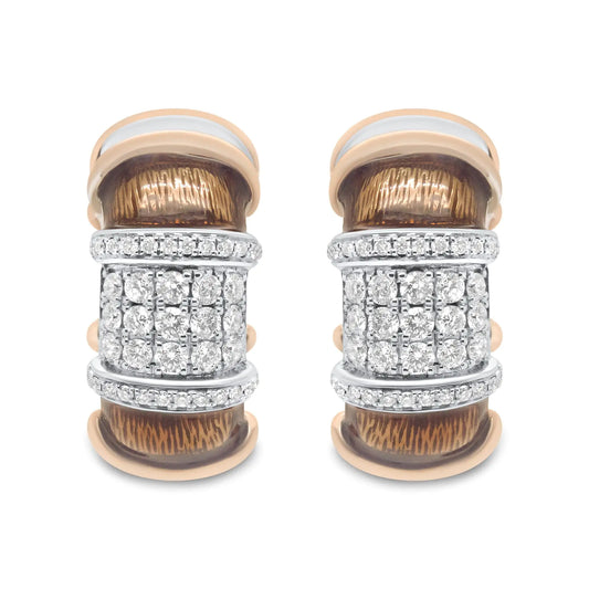 18K White and Rose Gold Flash Plated .925 Sterling Silver Clear Brown Enamel 1/6 Cttw Round Diamond Huggie Hoop Earrings