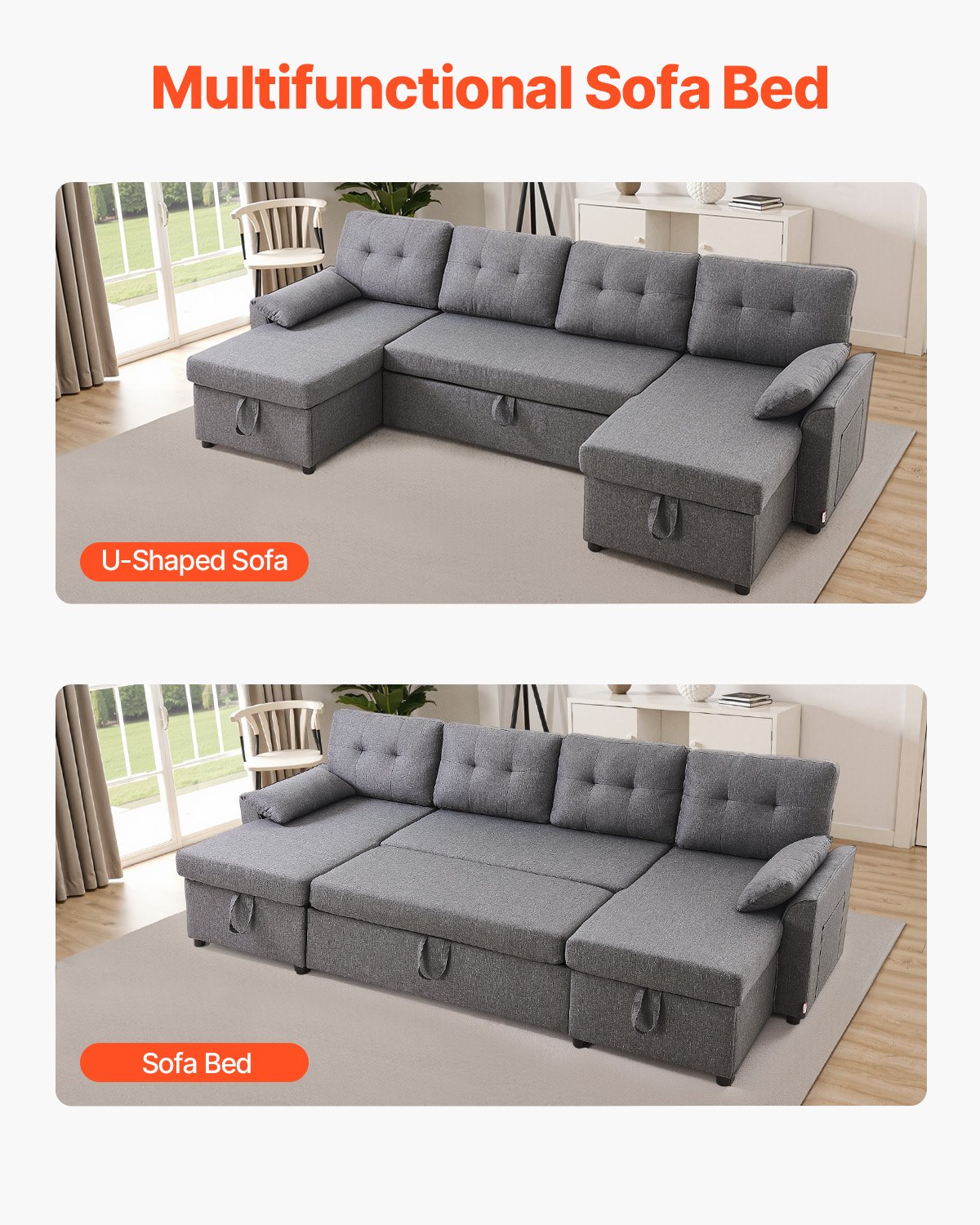 U Shaped Sofa Bed, Convertible Sofa Bed With 2 Side Pockets, 2 Pillows And Double Chaise, 6-Seat Pull Out Sleeper Couch With Large Storage Capacity For Living Room, Apartment, Metal Frame, Gray