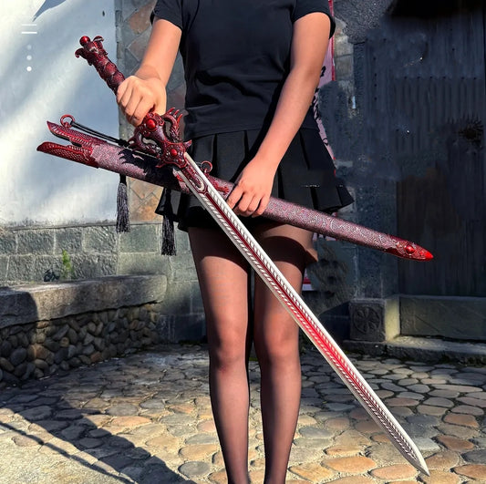 Chixiao Longquan Shuanglong Sword One-piece Dragon Spine Blade Alloy Hilt Solid Wood Scabbard With Leather Cover Unsharpened