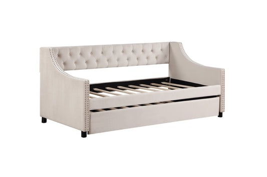Daybed With Trundle Upholstered Tufted Sofa Bed, With Button And Copper Nail On Arms Full Size Beige