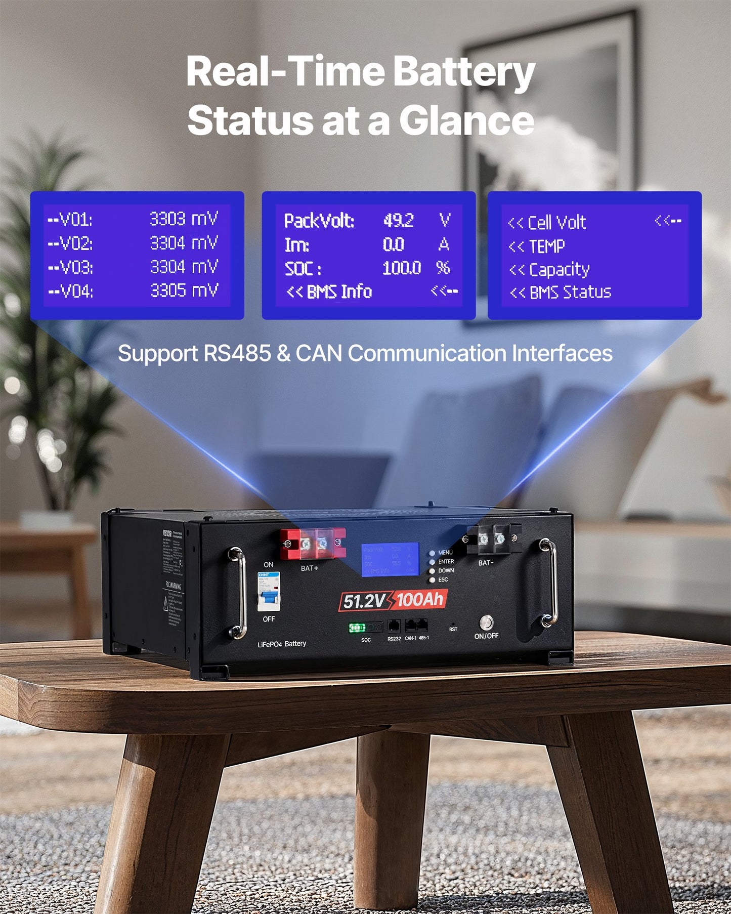 48V 100Ah LiFePO4 Lithium Battery, Built-in 100A BMS, 51.2V Server Rack LiFePO4 Battery With Bluetooth, 5.12kWh Capacity, Max 6000 Cycles, LCD Display, For Off-Grid, Solar System, Backup Power