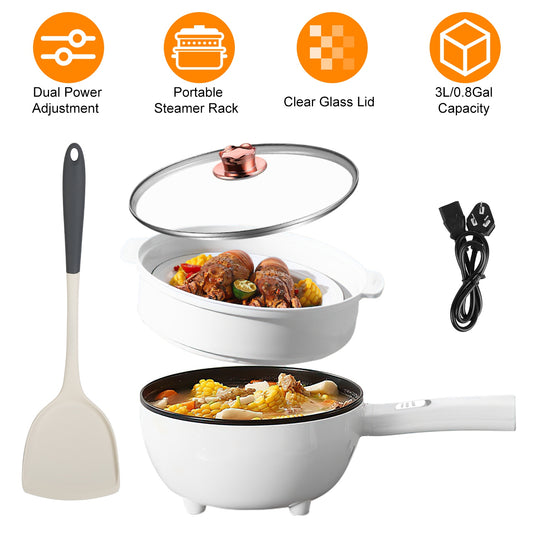 Electric Hot Pot Non-Stick Frying Pan Portable Rapid Noodles Cooker With Long Handle Steamer Spatula Dual Power Control Overheat Dry-Boil Protection For College Dorm Room Essential