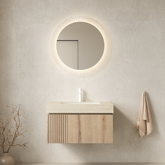 MURI 30  Bathroom Vanity&Sink, Floating Plywood Storage Cabinet With Drawer&Door, Roma Travertine Sintered Stone Top&Ceramic Basin With 1 Pre-drilled Faucet Hole, Pre-assembled, White Oak Woodgrain