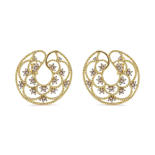 14K Yellow Gold 4 7/8 Cttw Fancy Colored Diamond Sun and Stars Open Hoop Earrings (Fancy Color, I1-I2 Clarity)