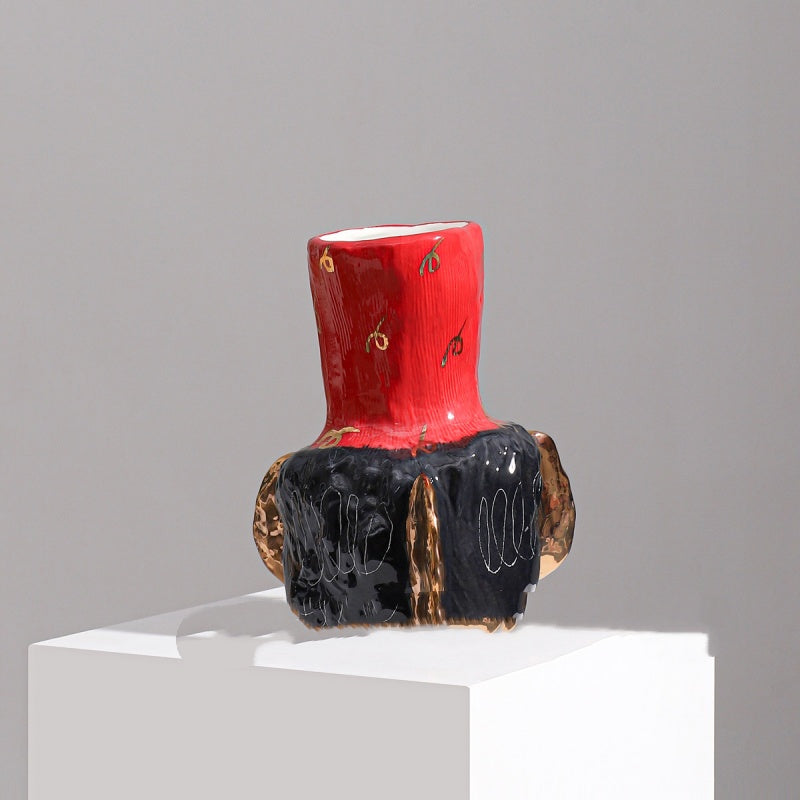 Elegant Black-and-Gold Long-Neck Red Vase For Artistic Decor