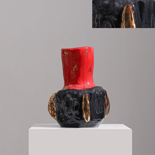 Elegant Black-and-Gold Long-Neck Red Vase For Artistic Decor