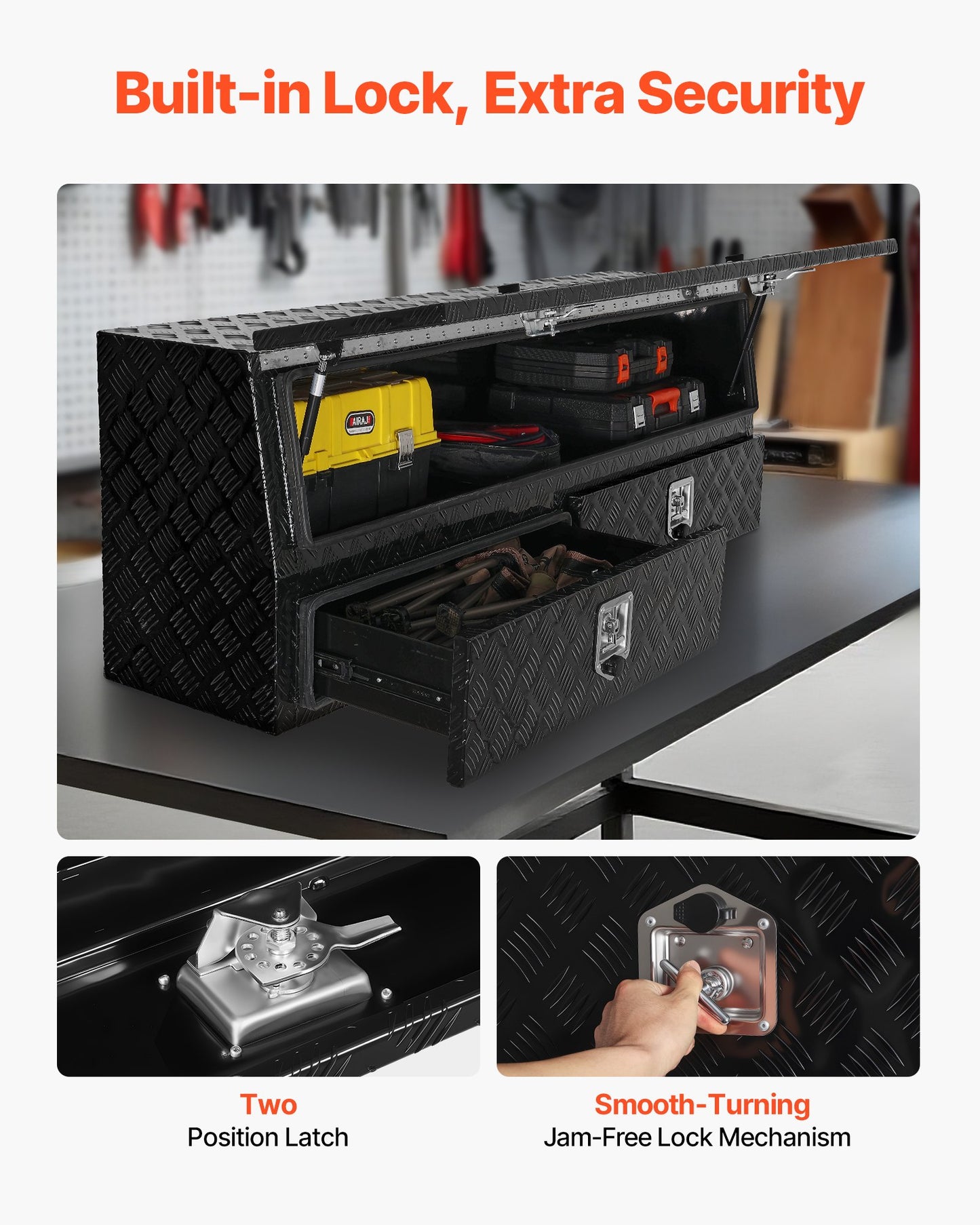 Contractor Truck Tool Box, 72 X 21 X 13 In, Black Tread Aluminum TopSider Toolbox With Two Lower Drawers, Flip Up Door, Weather-Resistant Heavy Duty Storage Box With Latch, For Truck Bed Pickup