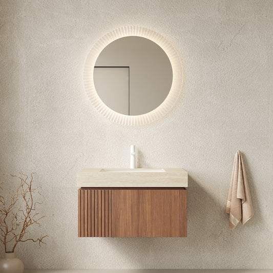 MURI 30 Bathroom Vanity&Sink, Floating Plywood Storage Cabinet With Drawer&Door, Roma Travertine Sintered Stone Top&Ceramic Basin With 1 Pre-drilled Faucet Hole, Pre-assembled, Brown Oak Woodgrain