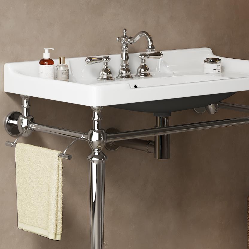 VICI 36 Bathroom Console Sink, Wall-Mounted White Ceramic Vanity Basin With 3 Pre-drilled Faucet Holes, Freestanding Stainless Steel Support Legs With Towel Bar, No Faucet & Sink Cover, Chrome Color