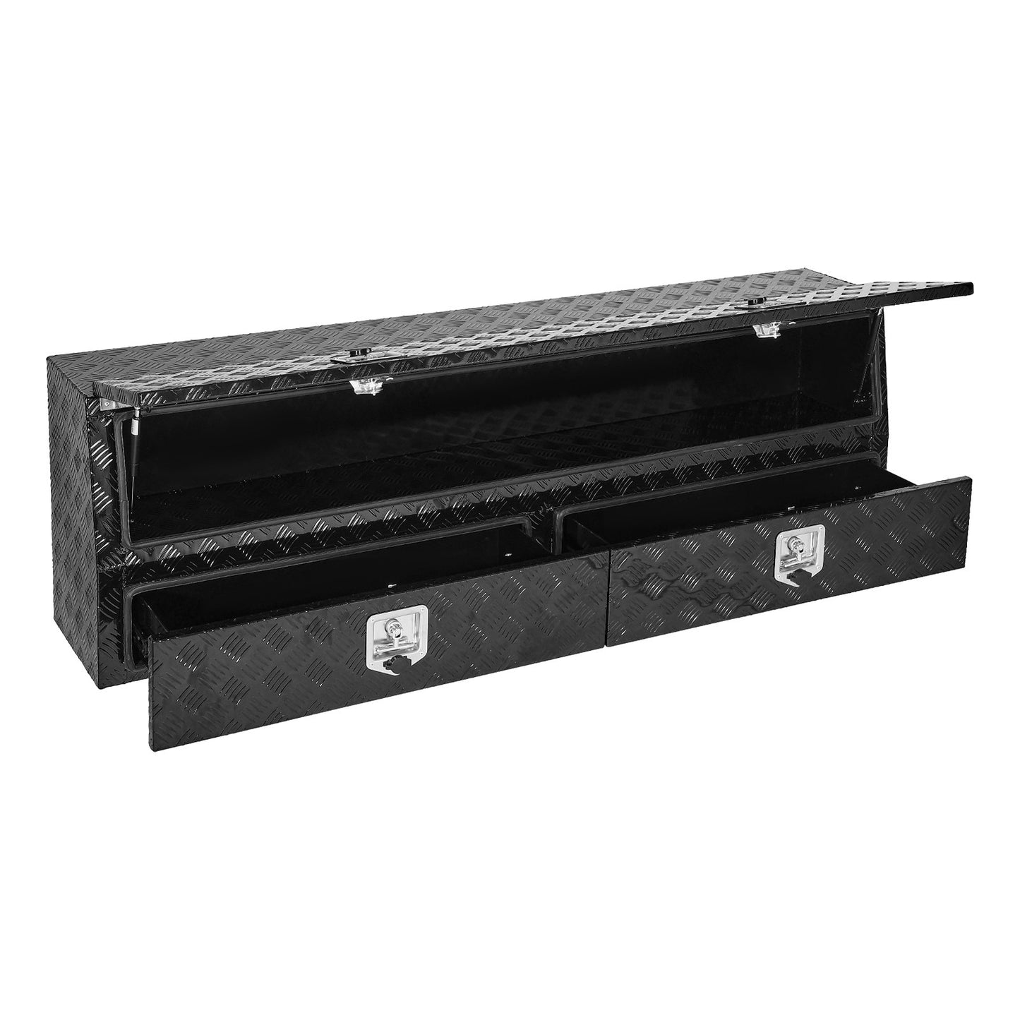 Contractor Truck Tool Box, 72 X 21 X 13 In, Black Tread Aluminum TopSider Toolbox With Two Lower Drawers, Flip Up Door, Weather-Resistant Heavy Duty Storage Box With Latch, For Truck Bed Pickup
