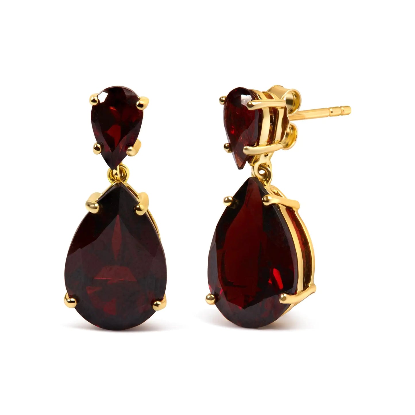 10K Yellow Gold Plated Sterling Silver Pear Shaped Red Garnet Drop and Dangle Earrings