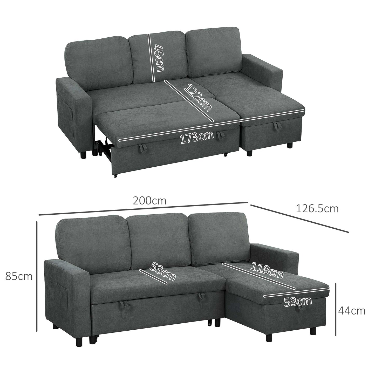 Pull Out Sofa Bed With Storage - Charcoal Grey