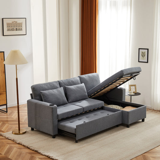 Sofa Bed, L-Shaped Corner Sofa, 3 Seater Pull Out Sofa With Storage, Convertible Settee Sectional Sofa For Living Room, Office, Grey