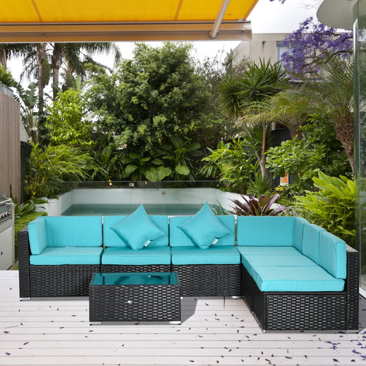 7-Piece Wicker Patio Conversation Set With Cushions & Glass Table, Turquoise