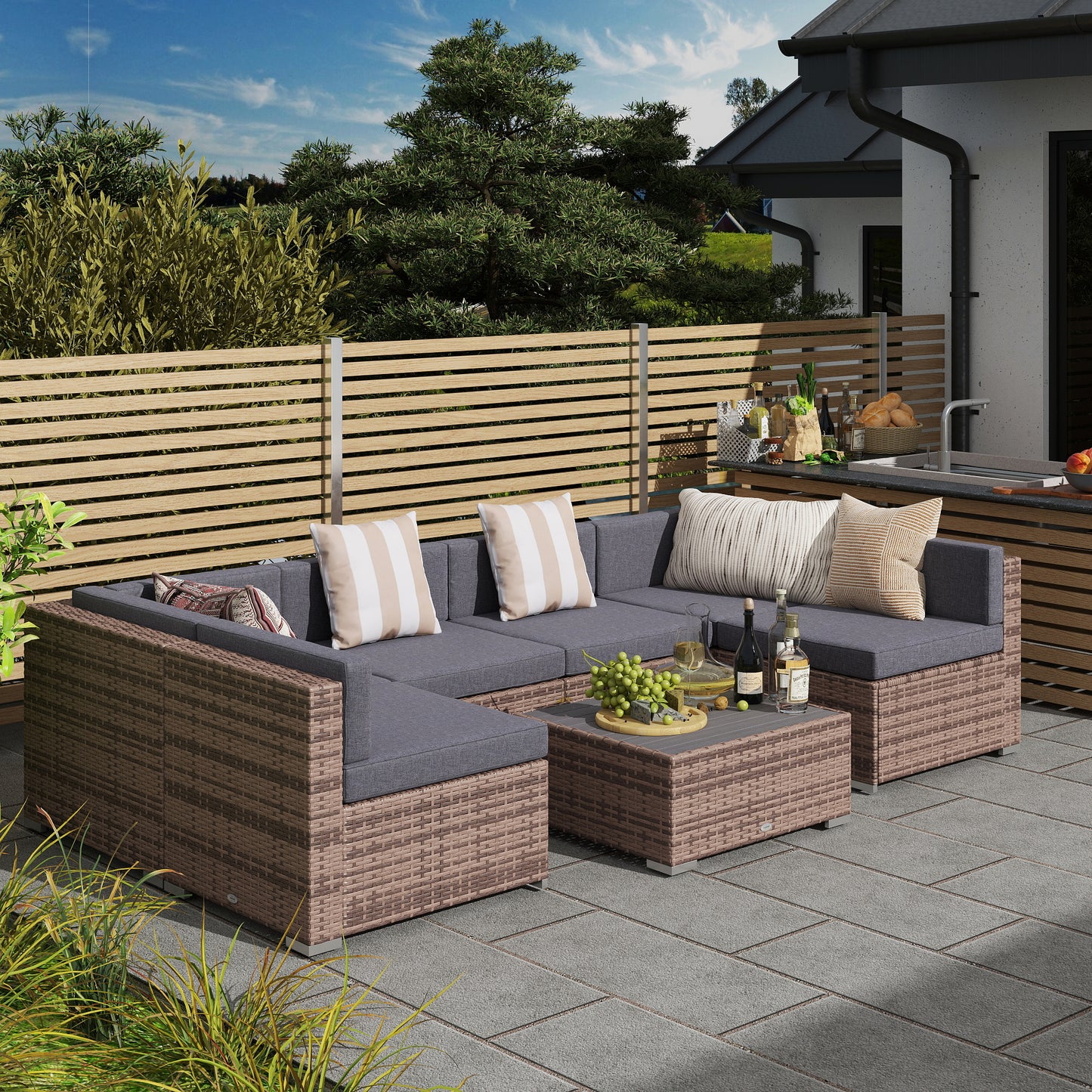 Modern Rattan Patio Furniture Set, 7-Piece Outdoor Wicker Sofa Set with Cushions for Home & Family Gatherings, Gray