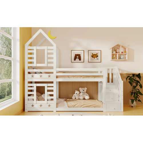 Bunk Bed Storage Children Cabin Bed Single Bed With Window For Kids, Twin Sleeper 190x90 Cm, Solid Pine Wood,3FT -White