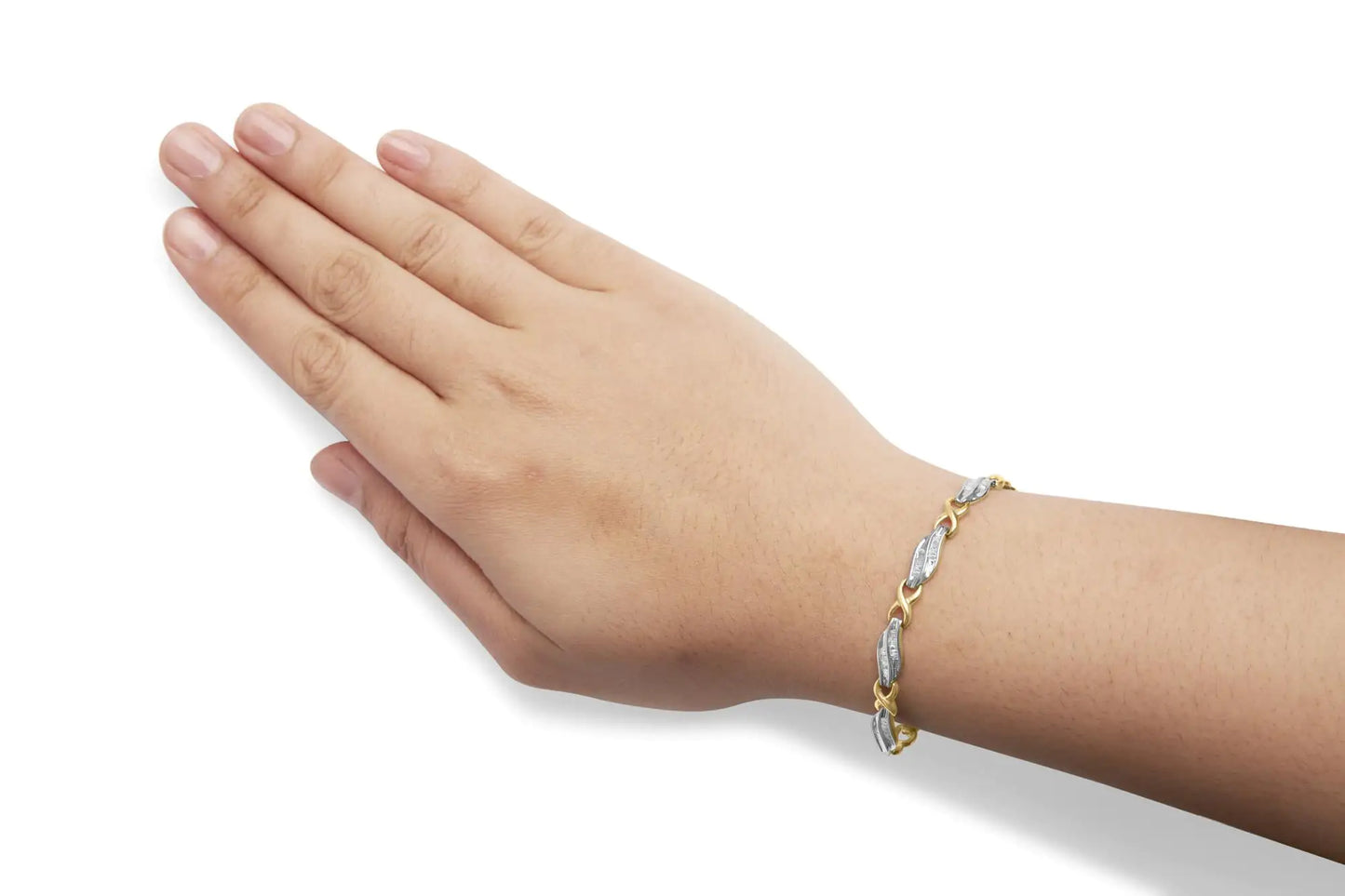 10K Two Tone Gold 1.00 Cttw Channel Set Baguette Diamond Chevron Wave Link 7" Bracelet