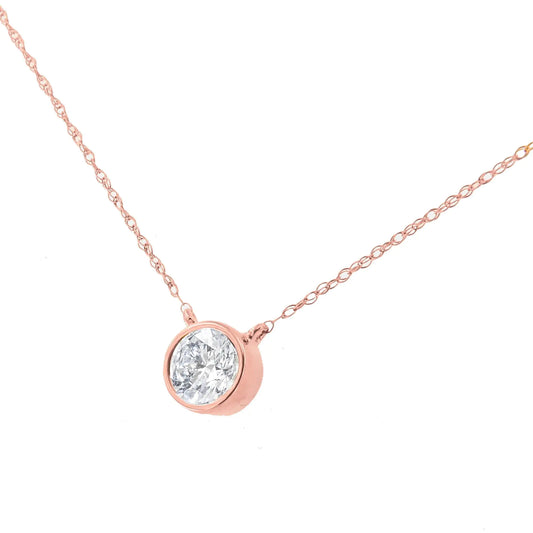 10K Rose Gold 1/5 Cttw Bezel Set Round Diamond Solitaire 16-18" Adjustable Pendant Necklace