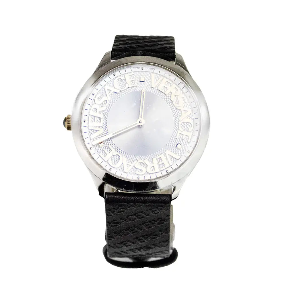 Original Versace 38mm Silver Logo Halo Dial Embossed Leather Watch