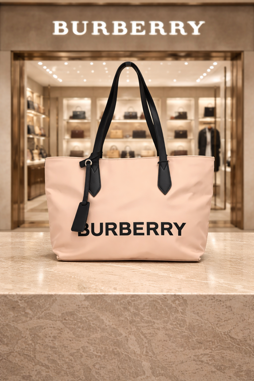 Burberry Small Rose Beige Branded Econyl Nylon Tote Bag