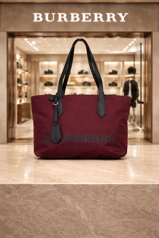 Burberry Small Burgundy Logo Branded Econyl Nylon Tote Bag