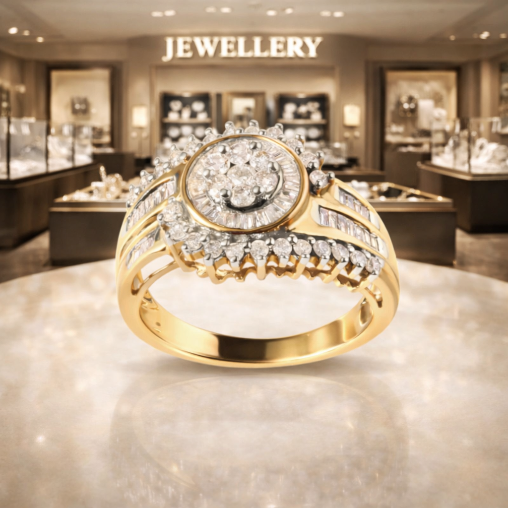 10K Yellow Gold 1 Cttw Round and Baguette cut Diamond Cluster Swirl Band Ring