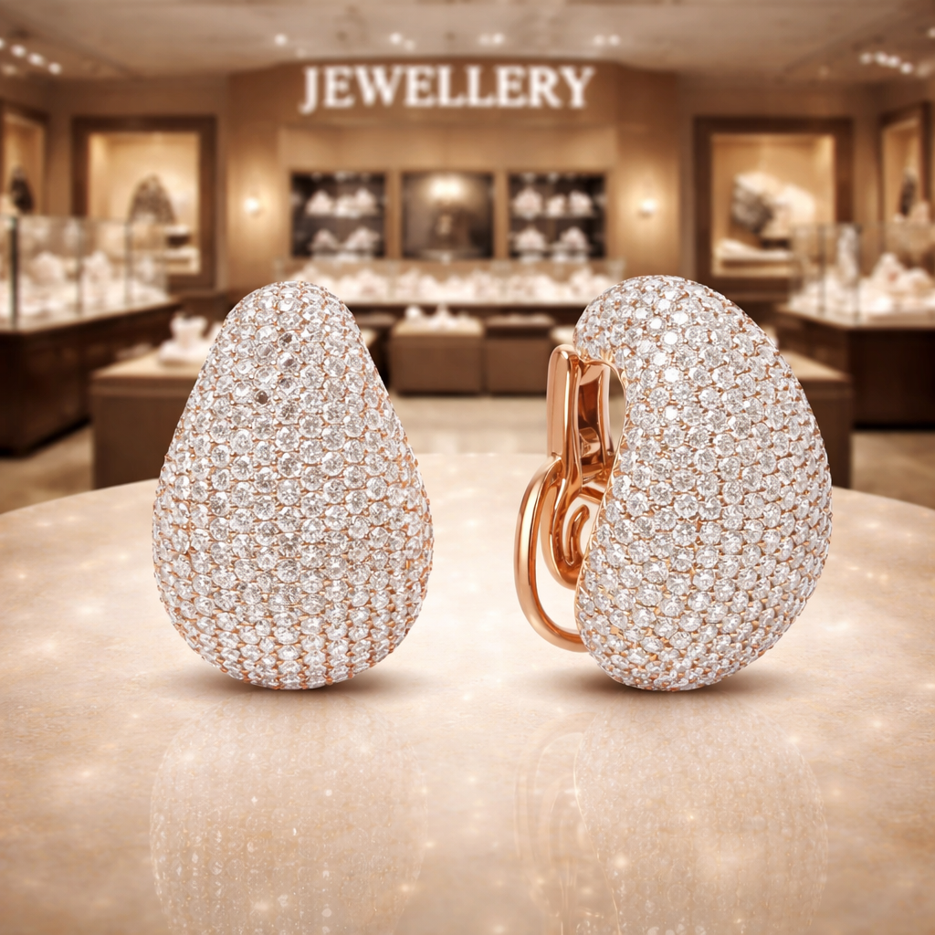 18K Rose Gold 13 1/5 Cttw Micro-Pave Diamond Sculptural Design Statement Omega Back Earrings