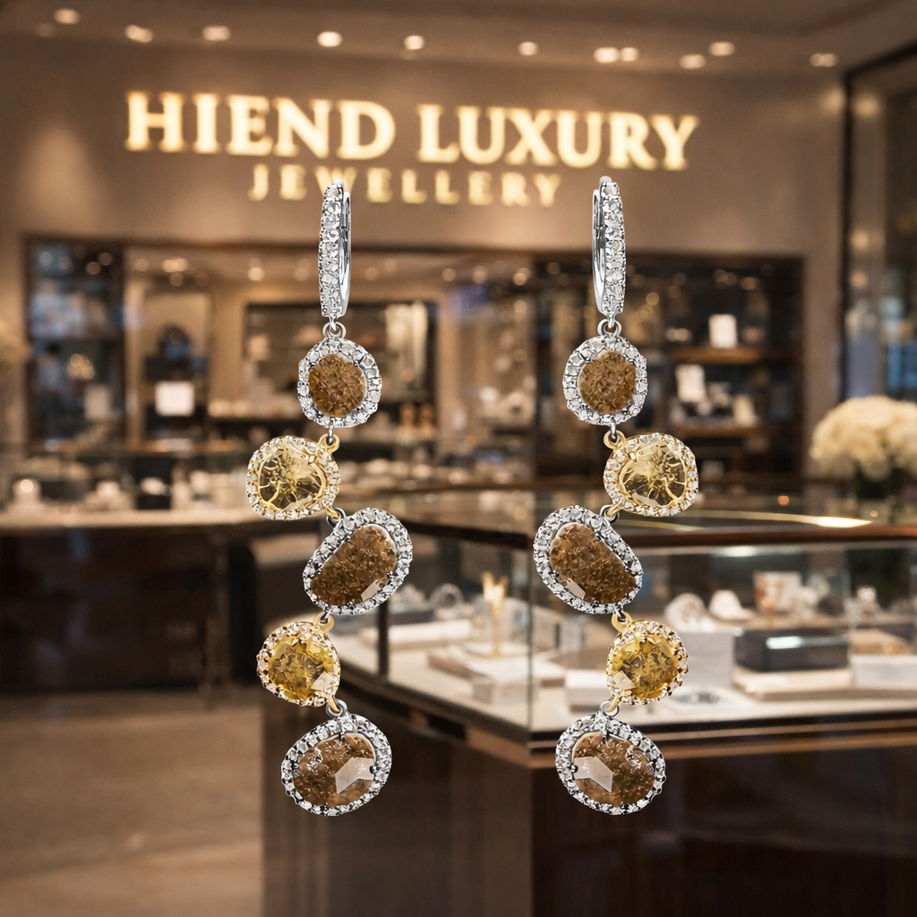 14K White Gold 8 5/8 Cttw Fancy Brown and Yellow Rose Cut Diamond Link Drop and Dangle Earring