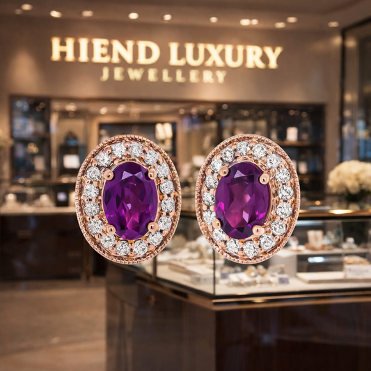 14K Rose Gold 7x5mm Oval Cut Garnet and 3/8 Cttw Round Diamond Halo Stud Earrings