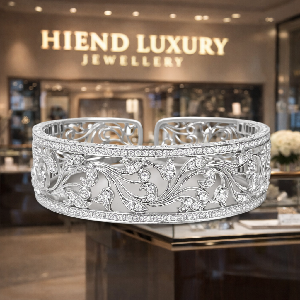 18K White Gold 3 1/4 Cttw Pave Diamond Openwork Floral Filigree Swirl Bangle Cuff Bracelet