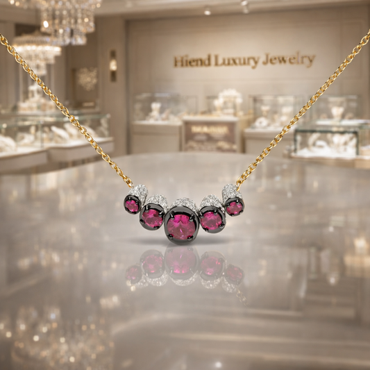 18K Rose Gold 3/4 Cttw Pave Diamonds and Graduated Red Ruby Gemstone Curved Bar Choker Necklace (G-H Color, SI1-SI2 Clarity) - Adjustable up to 14" - 16.5"