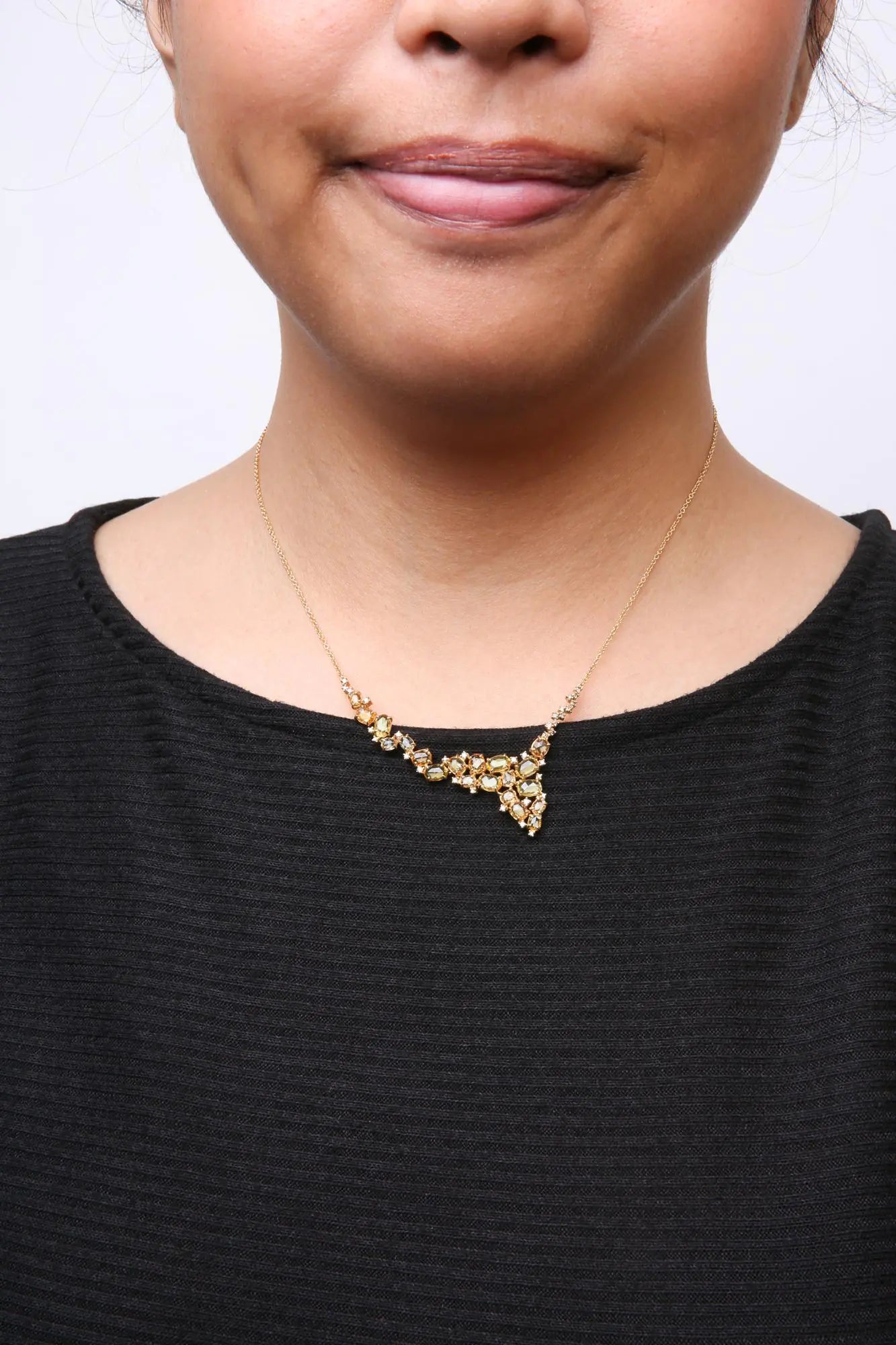 18K Yellow Gold 1/2 Cttw Brown Diamond and Multi-Size Oval Yellow Sapphire Cluster Cascade Station Necklace