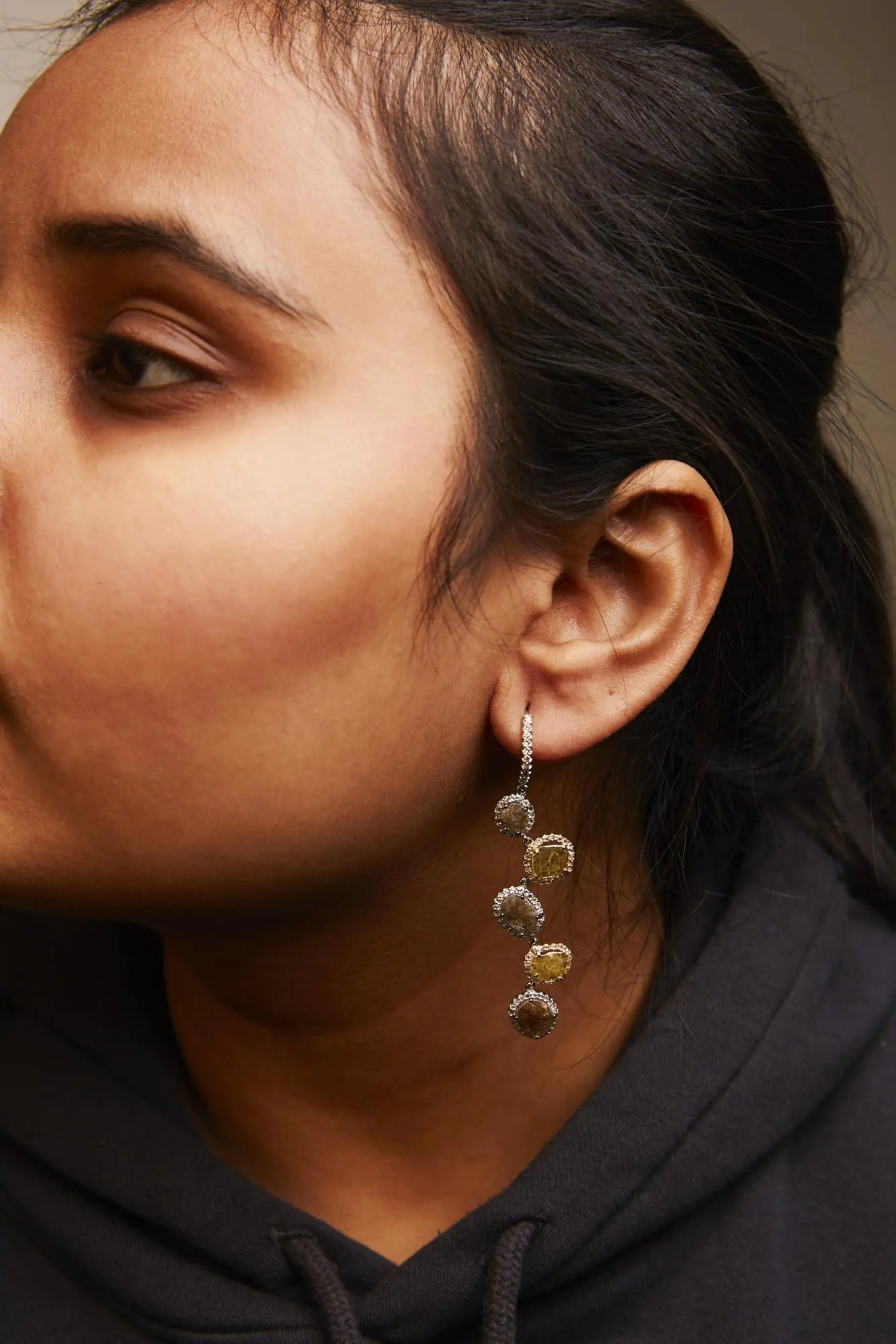 14K White Gold 8 5/8 Cttw Fancy Brown and Yellow Rose Cut Diamond Link Drop and Dangle Earring